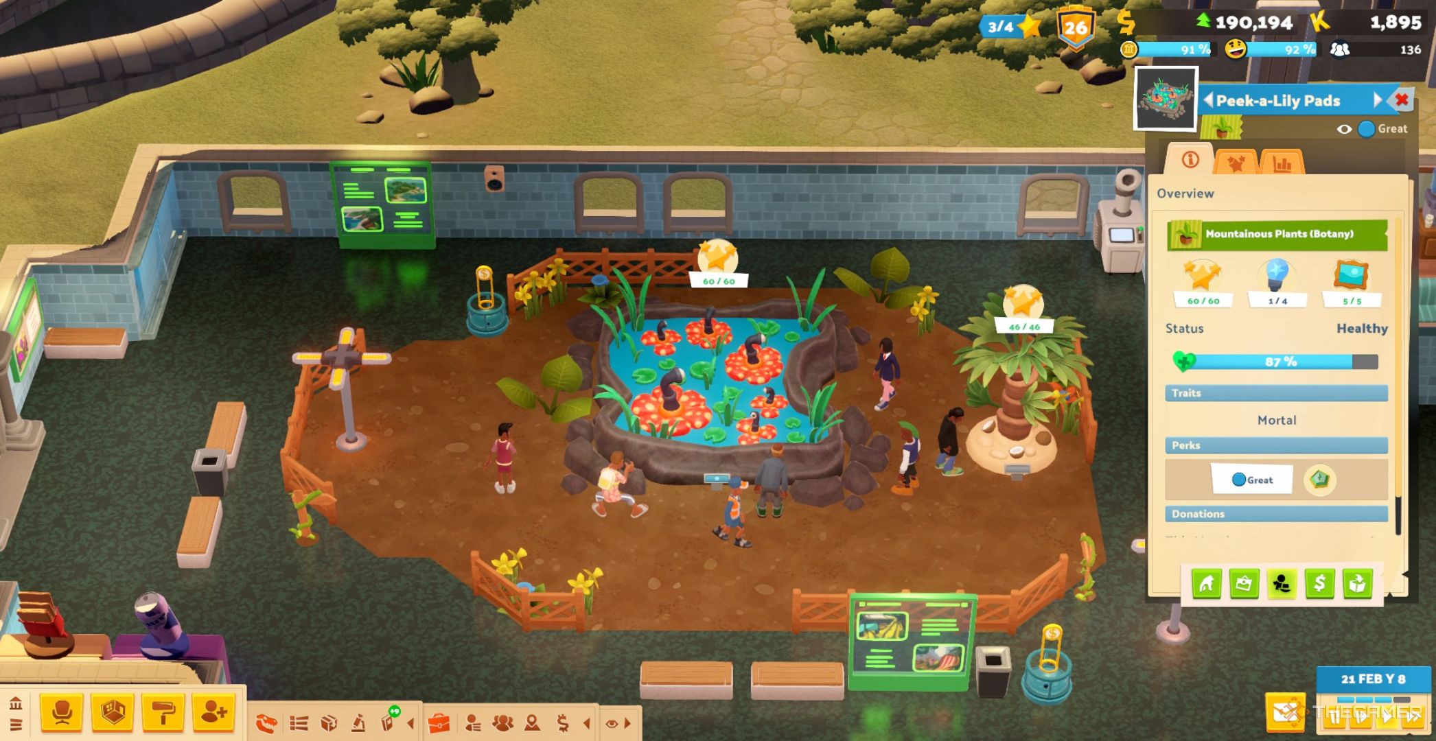 Pop-up menu for a Peek-a-Lily Pads plant in a museum showing the current health, rarity, and other stats in Two Point Museum.