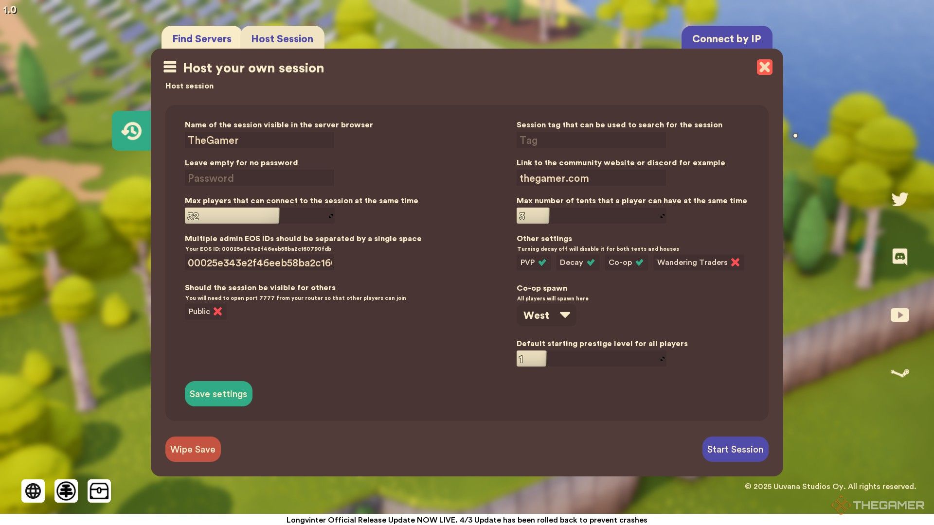 Solo host server screen in Longvinter.