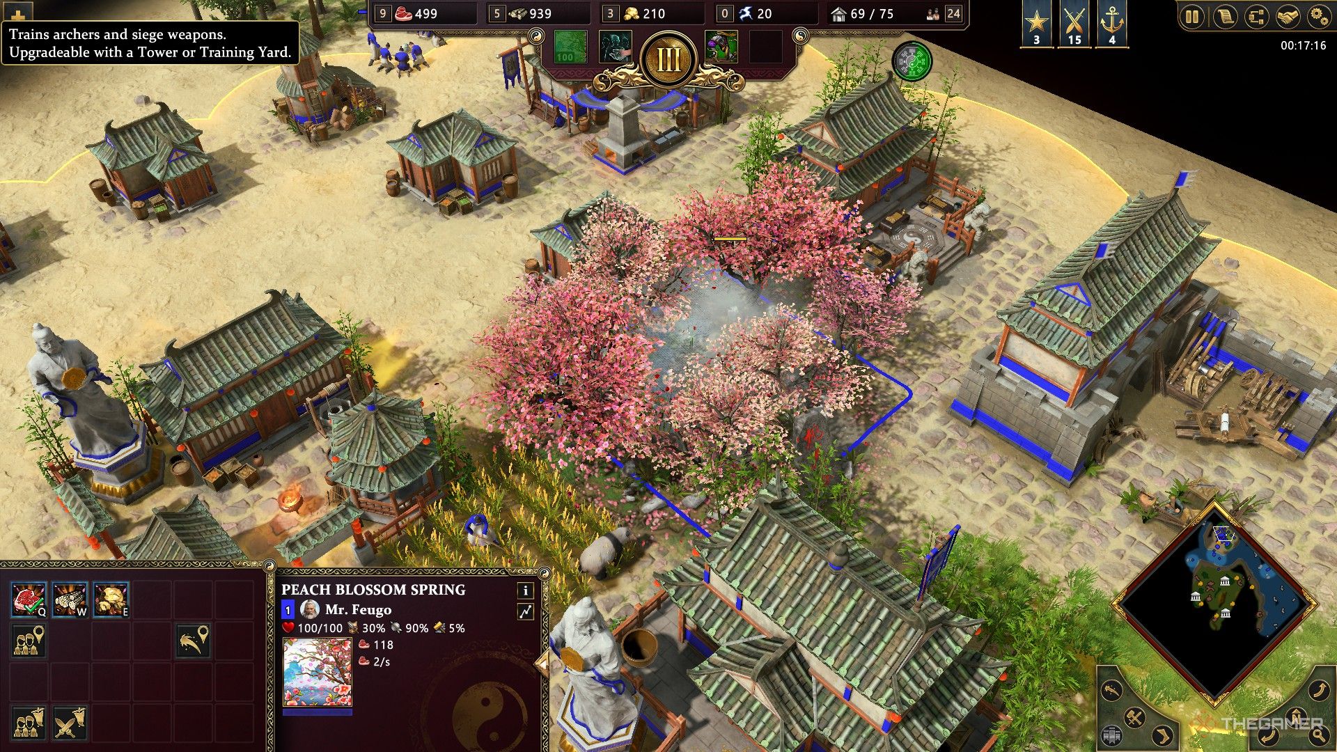 The player builds a Peach Blossom Spring next to their town center in Age Of Mythology: Retold.