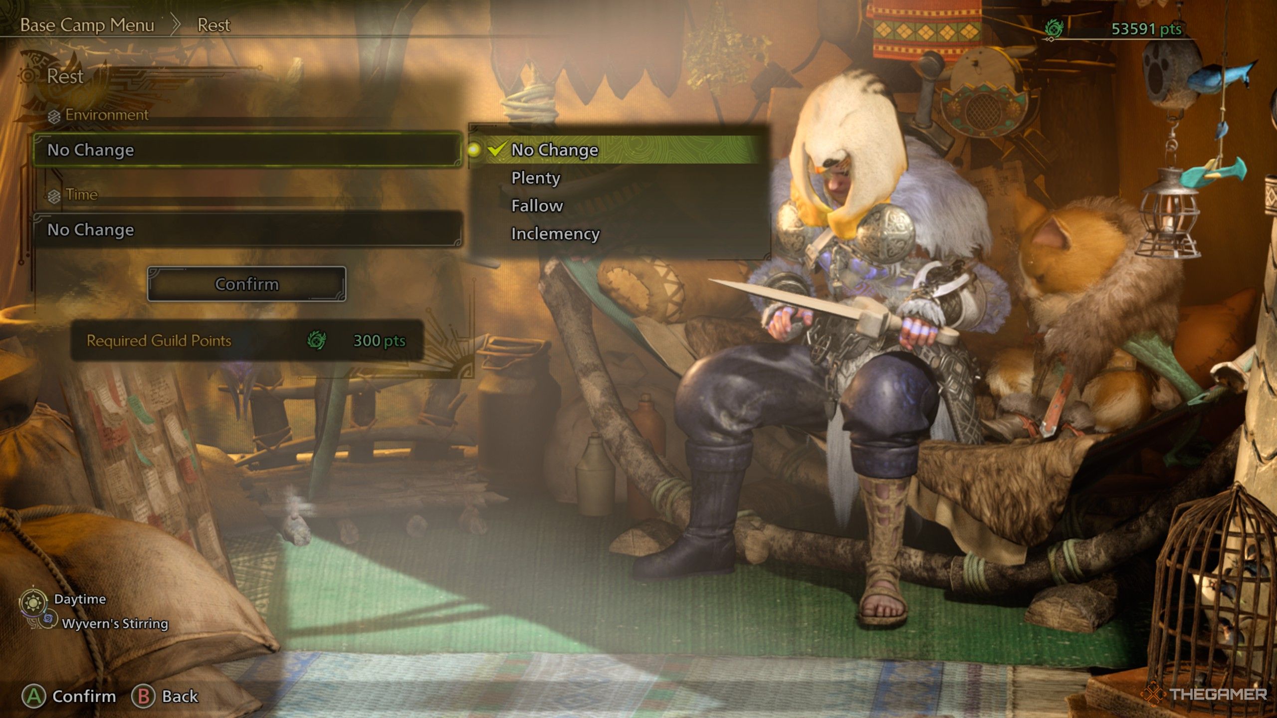 A hunter sitting in camp with the menu to change the time of day and weather open in monster hunter wilds.