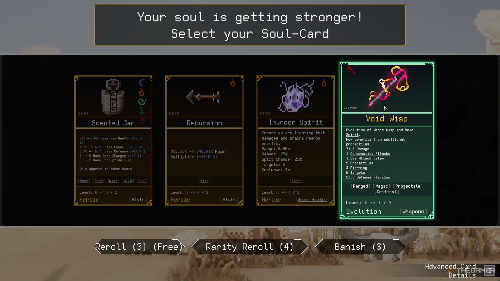 A player evolves the magic wisp into a void wisp in Rogue Genesia. 