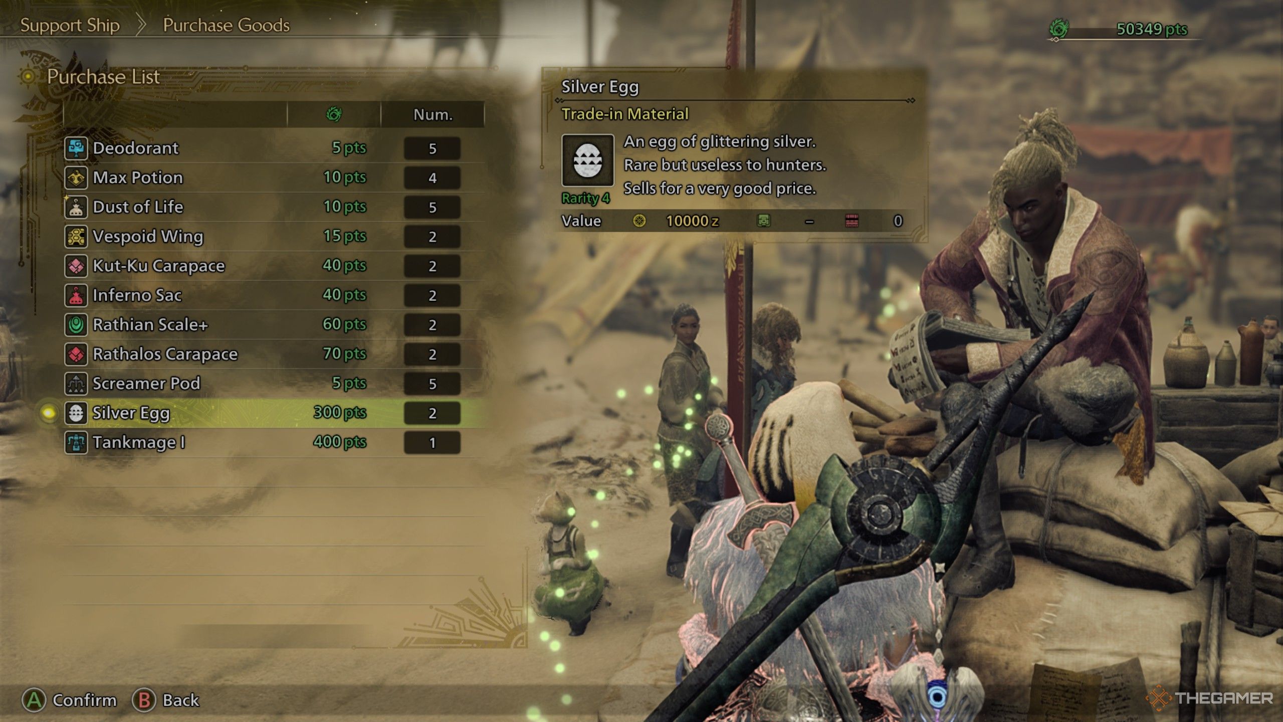 Buying a silver egg from santiago from the supply ship in monster hunter wilds.