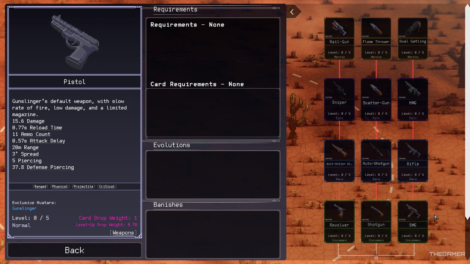 The weapon upgrade tree for Rogue Genesia's gunslinger.