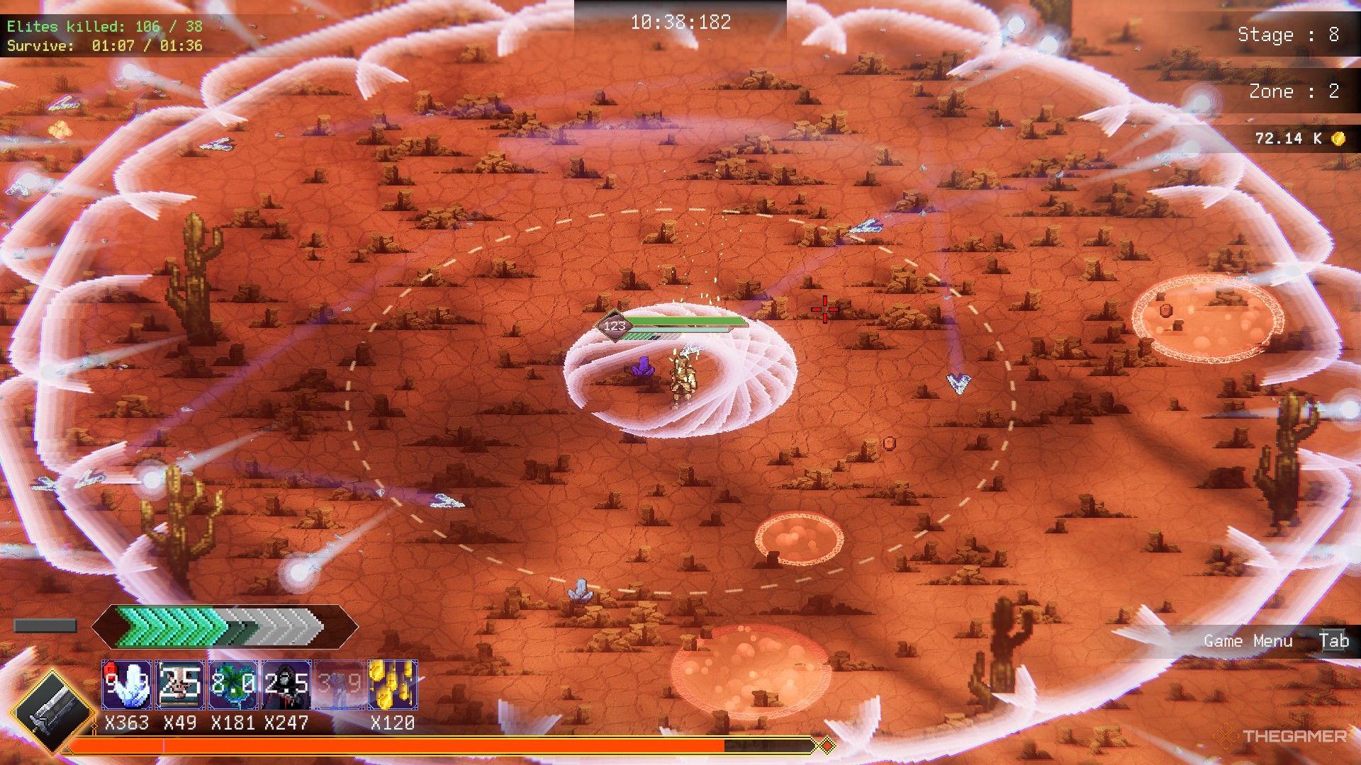 The player in Rogue Genesia uses the active talent of the cleaver weapon to swing in all directions. 