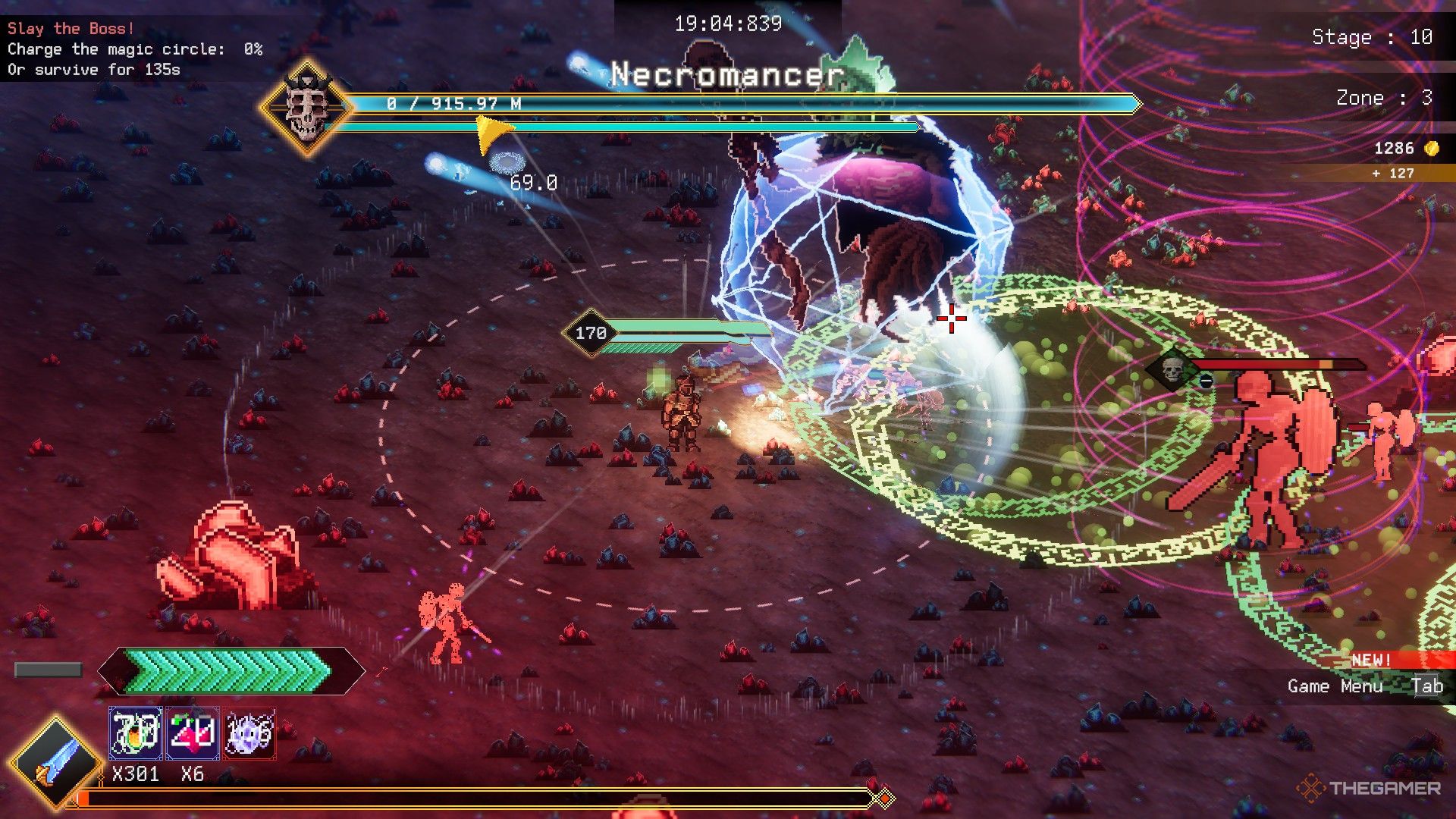 The player leaves a trail of worm glands while fleeing from the necromancer boss in Rogue Genesia.