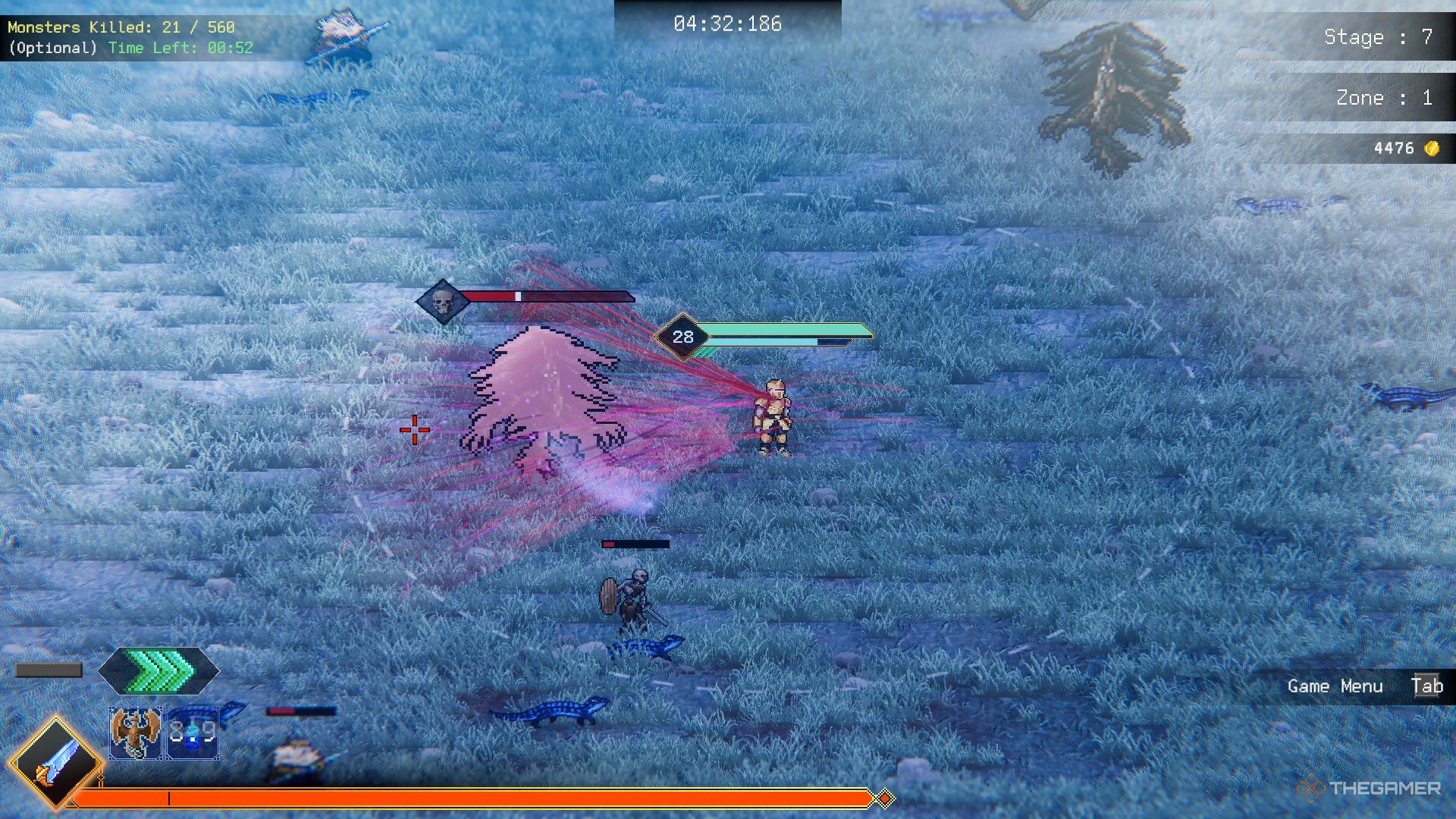 The player in rogue genesia uses the crystal sword and blood syphoon to defeat an elite enemy. 