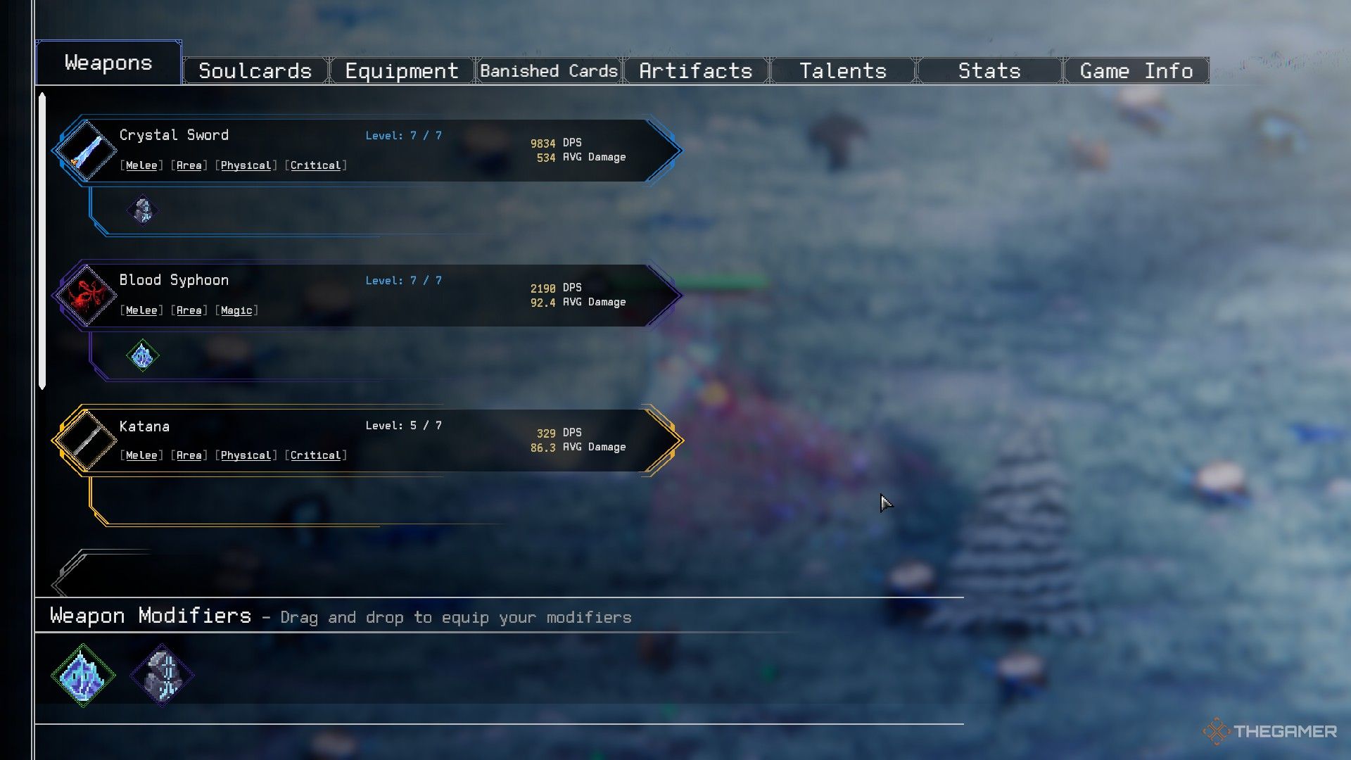 The katana's DPS is compared to two other melee weapons in Rogue Genesia.