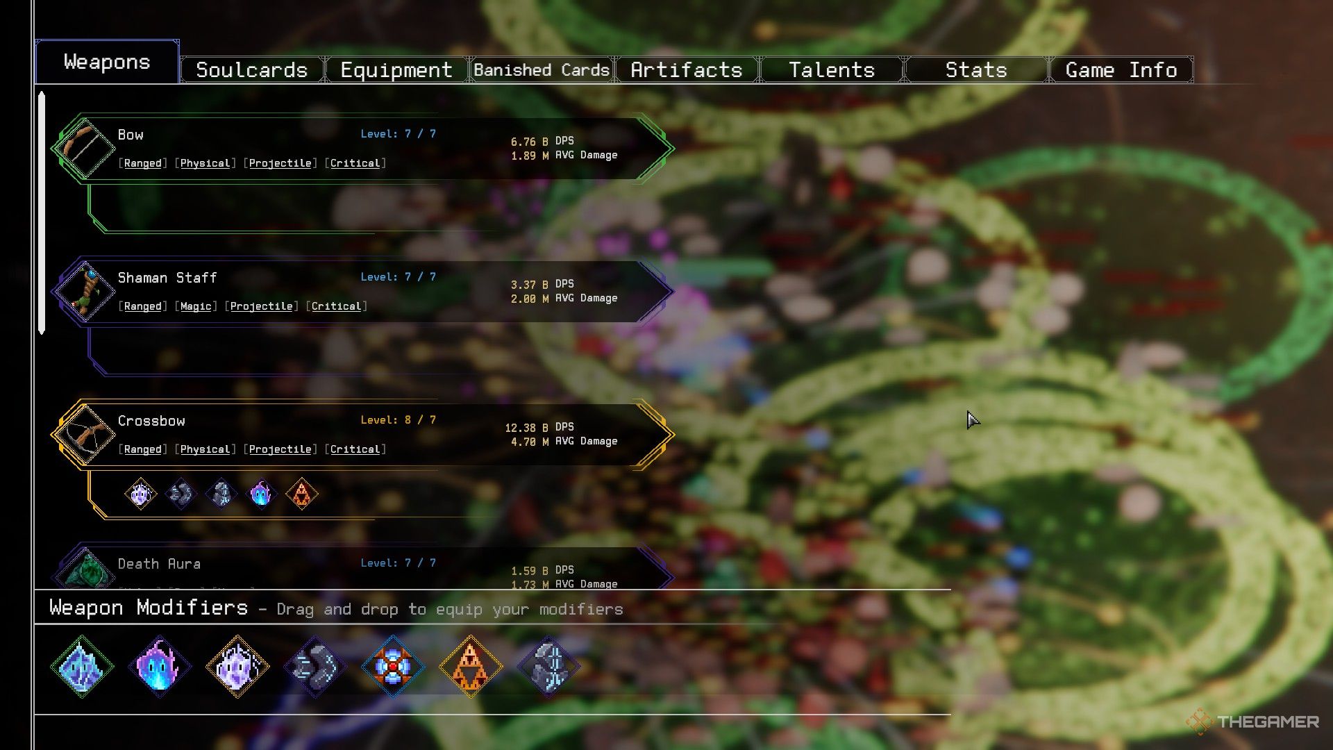 The equipment screen of Rogue Genesia, showing the DPS of different weapons and their equipped modifiers. 