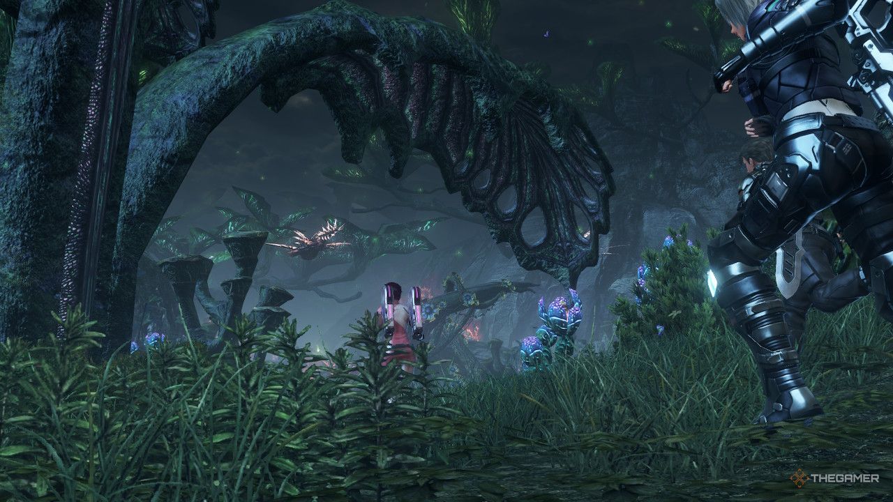 The party running through the dense overgrowth of noctilum in xenoblade chronicles x definitive edition.