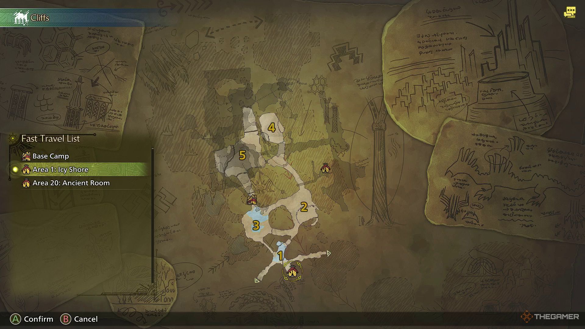 The image shows the Icy Shore pop-up camp in the Iceshard Cliffs area on the map in Monster Hunter Wilds.