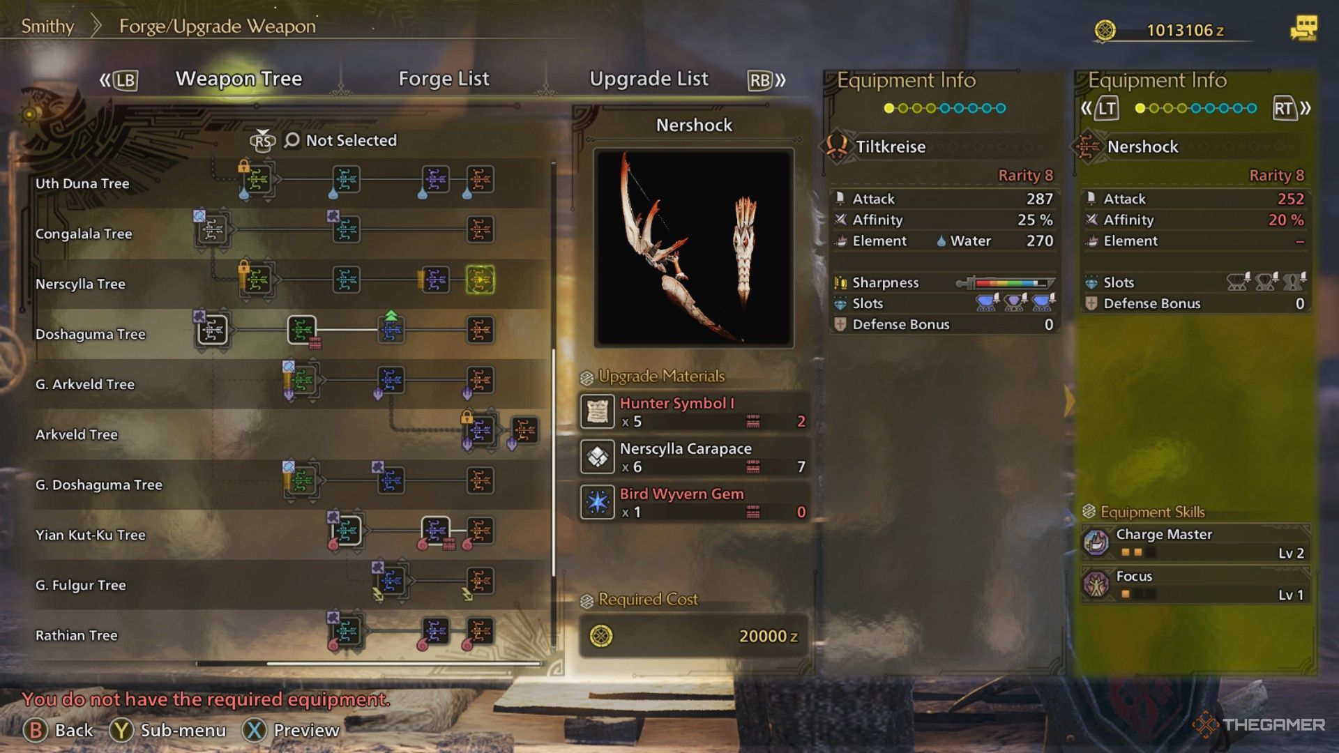 The image shows Nershock in the Smithy's Forging Menu in Monster Hunter Wilds.