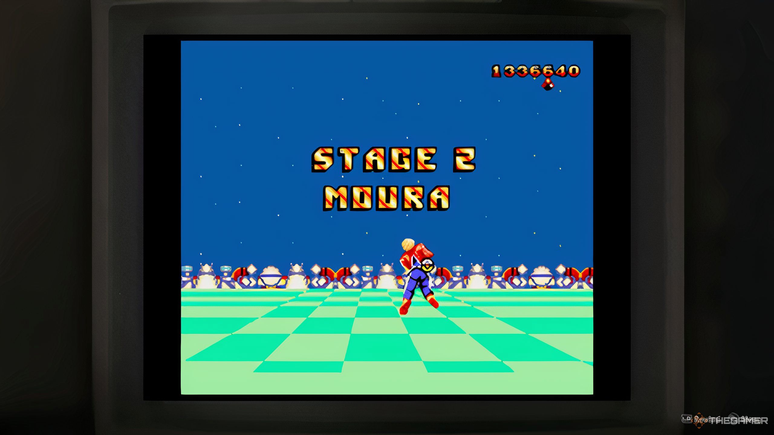 Playing a level of Space Harrier in Pirate Yakuza's Master System.