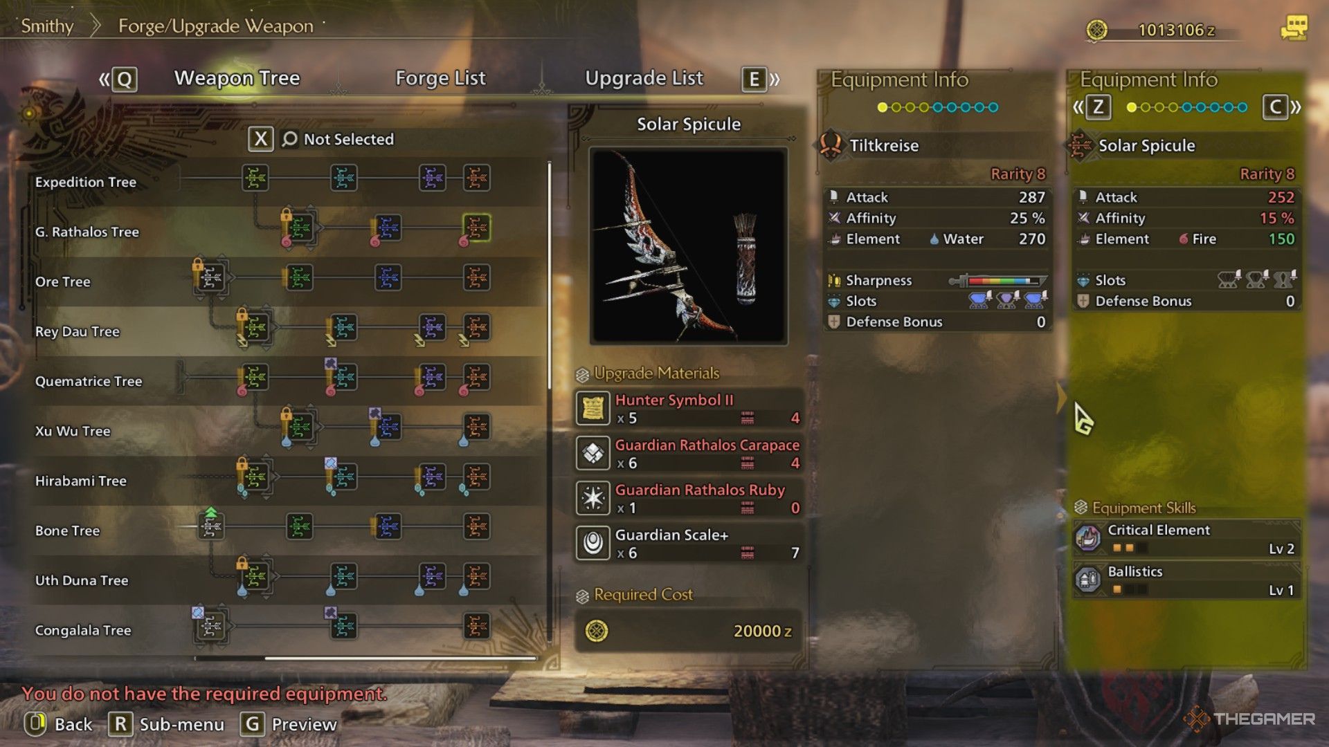 The image shows the Solar Spicule in the Smithy's Forging Menu in Monster Hunter Wilds.