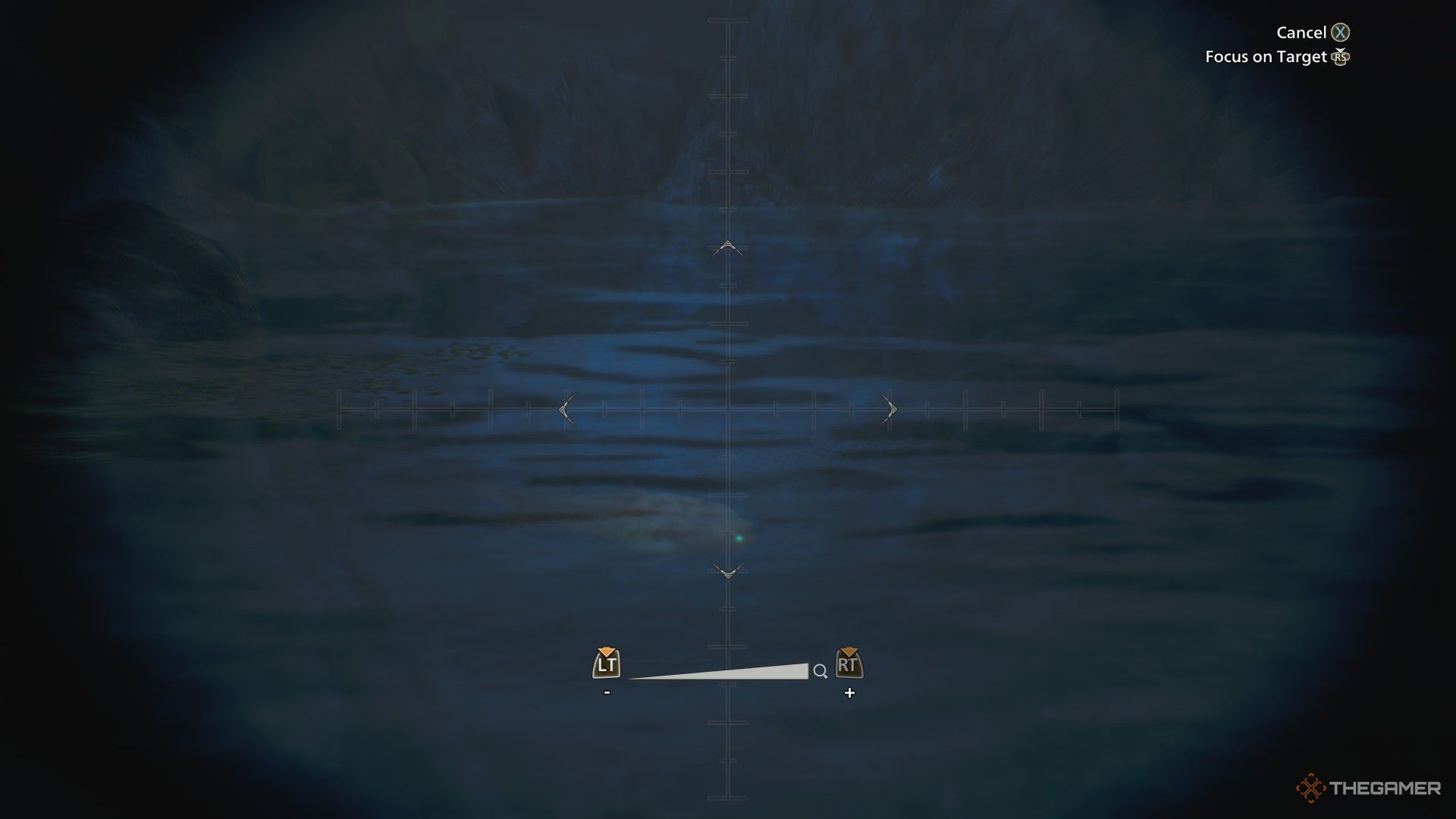 The image shows the Gravid Bowfin under the water as seen via Binoculars in Monster Hunter Wilds.