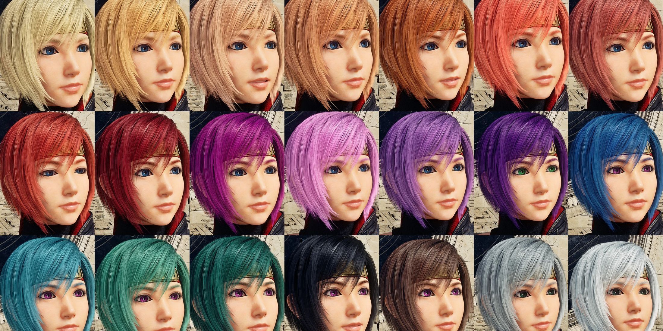 An image of the hair colors available with the Yuffie hair color mod for Final Fantasy 7 Rebirth
