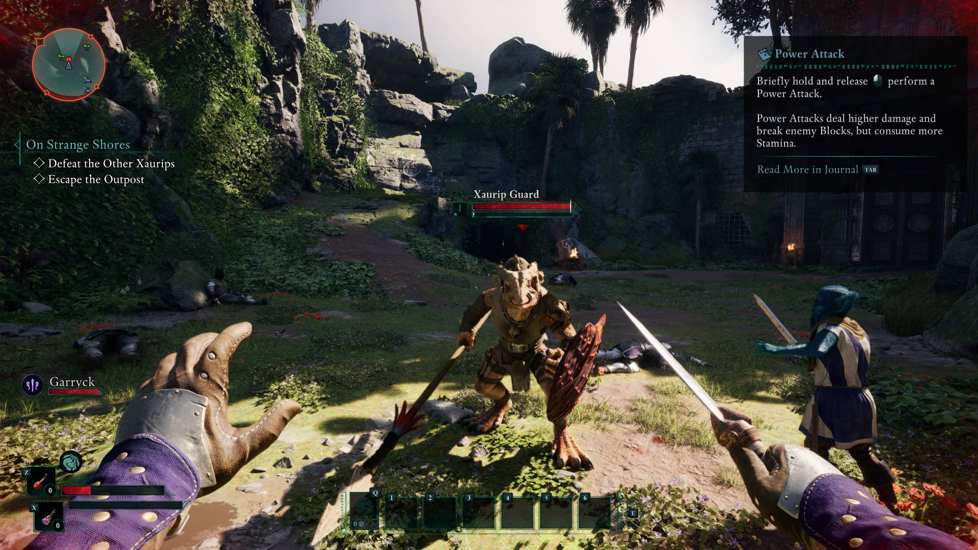 Avowed gameplay with character holding Dager next to NPC and Xaurip Guard enemy in front with spear and shield.