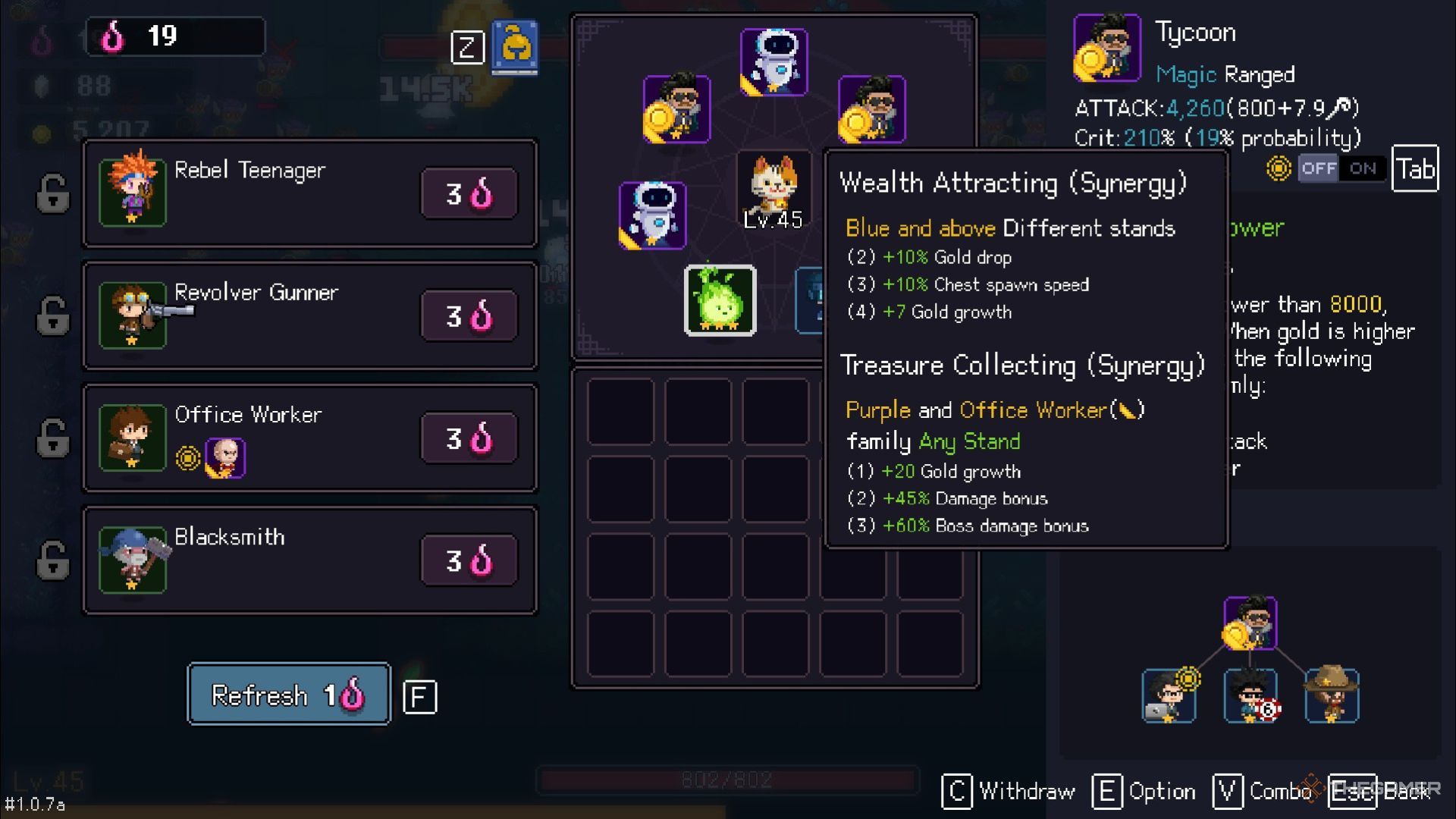 A Fortune Cat in Stand Survivors uses a quartet of purple fusions to activate their treasure collecting synergy. 
