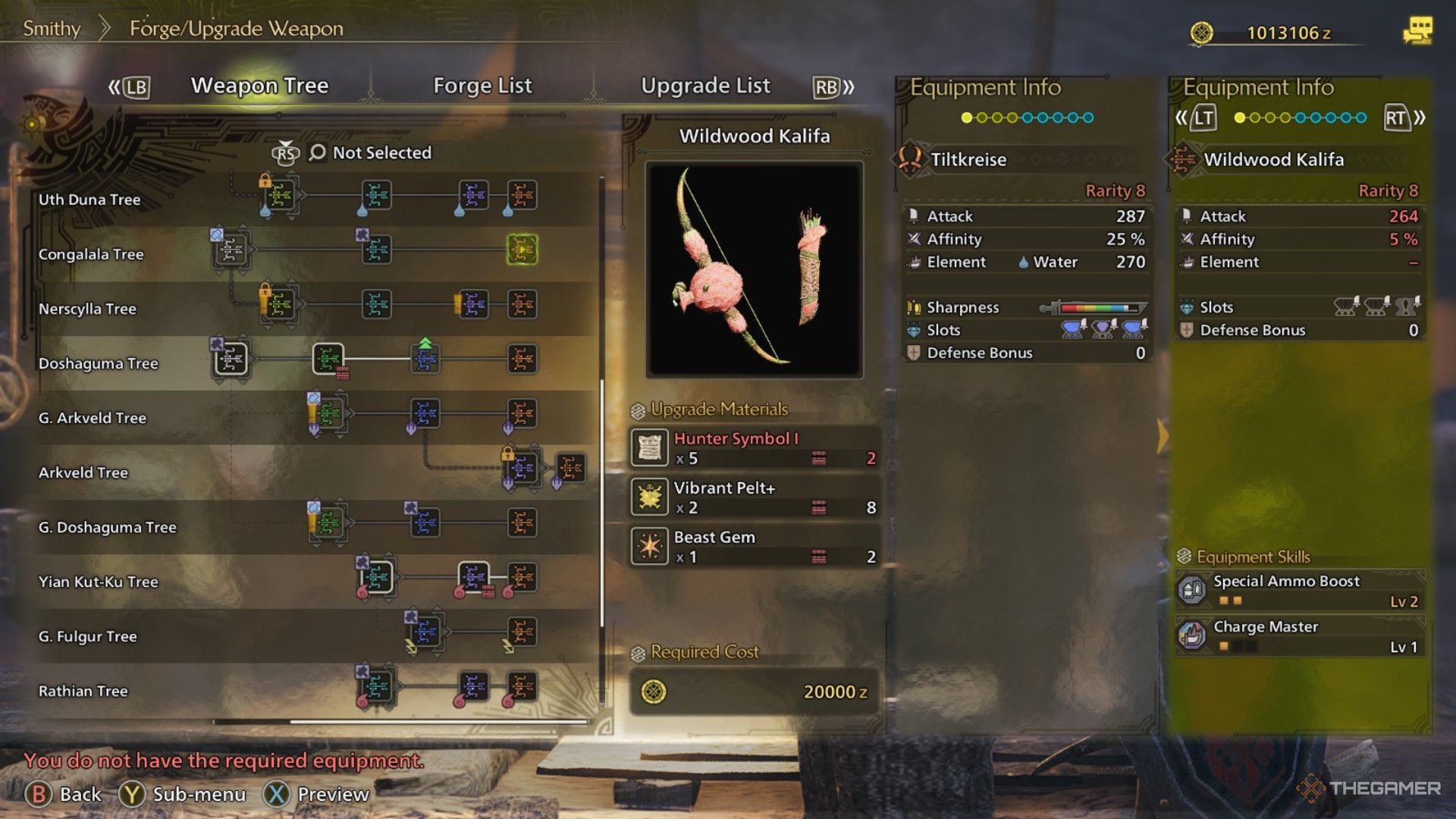 The image shows the Wildwood Kalifa in the Smithy's Forging Menu in Monster Hunter Wilds.