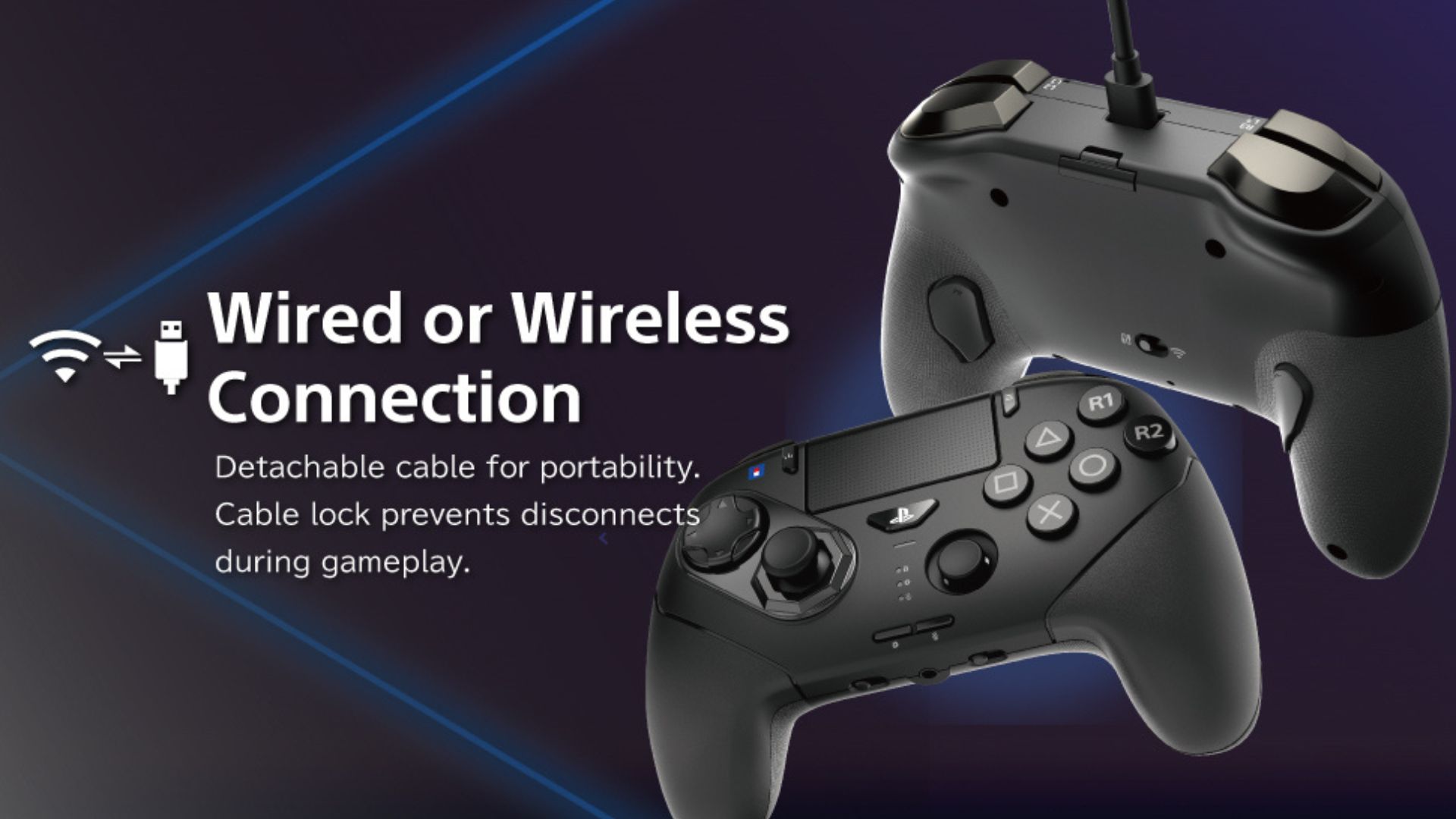 A marketing image of the Hori Wireless Fighting Commander OCTA Pro describing its wired and wireless connectivity