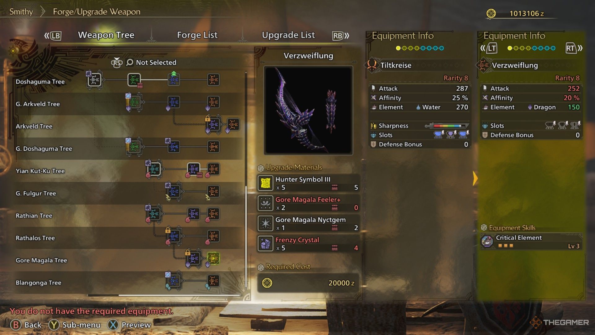 The image shows the Verzweiflung in the Smithy's Forging Menu in Monster Hunter Wilds.