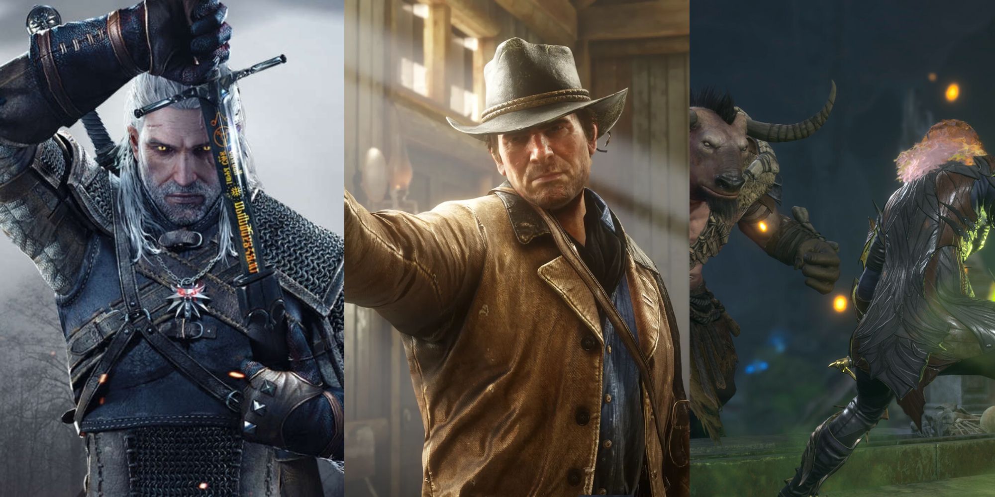 Split image: The Witcher 3, Red Dead 2 and Baldurs Gate 3