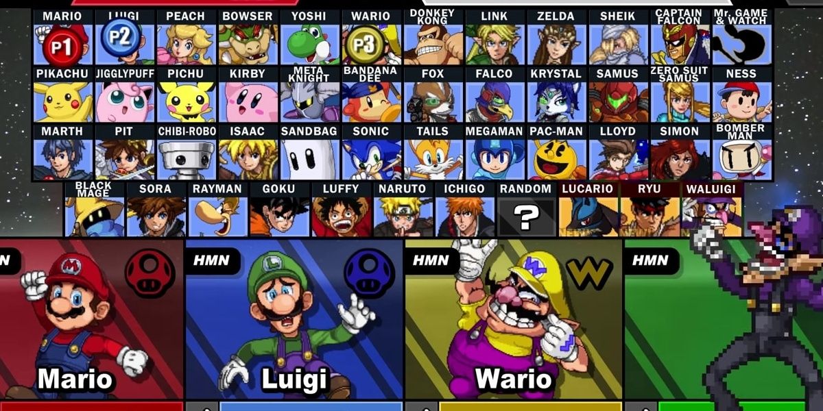 Super Smash Flash Character Select, Mario, Luigi, Wario, Waluigi.