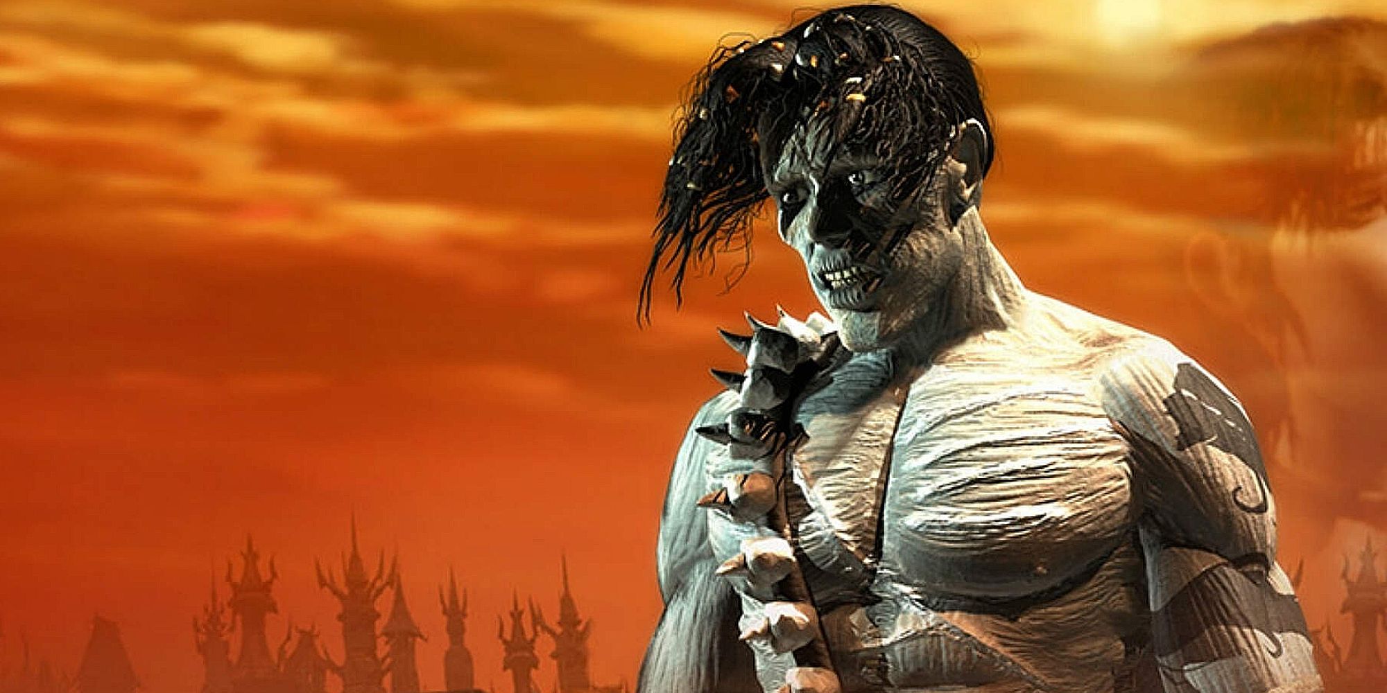 A bony pale figure with dark hair standing in an orange hazy environment from Planescape: Torment.