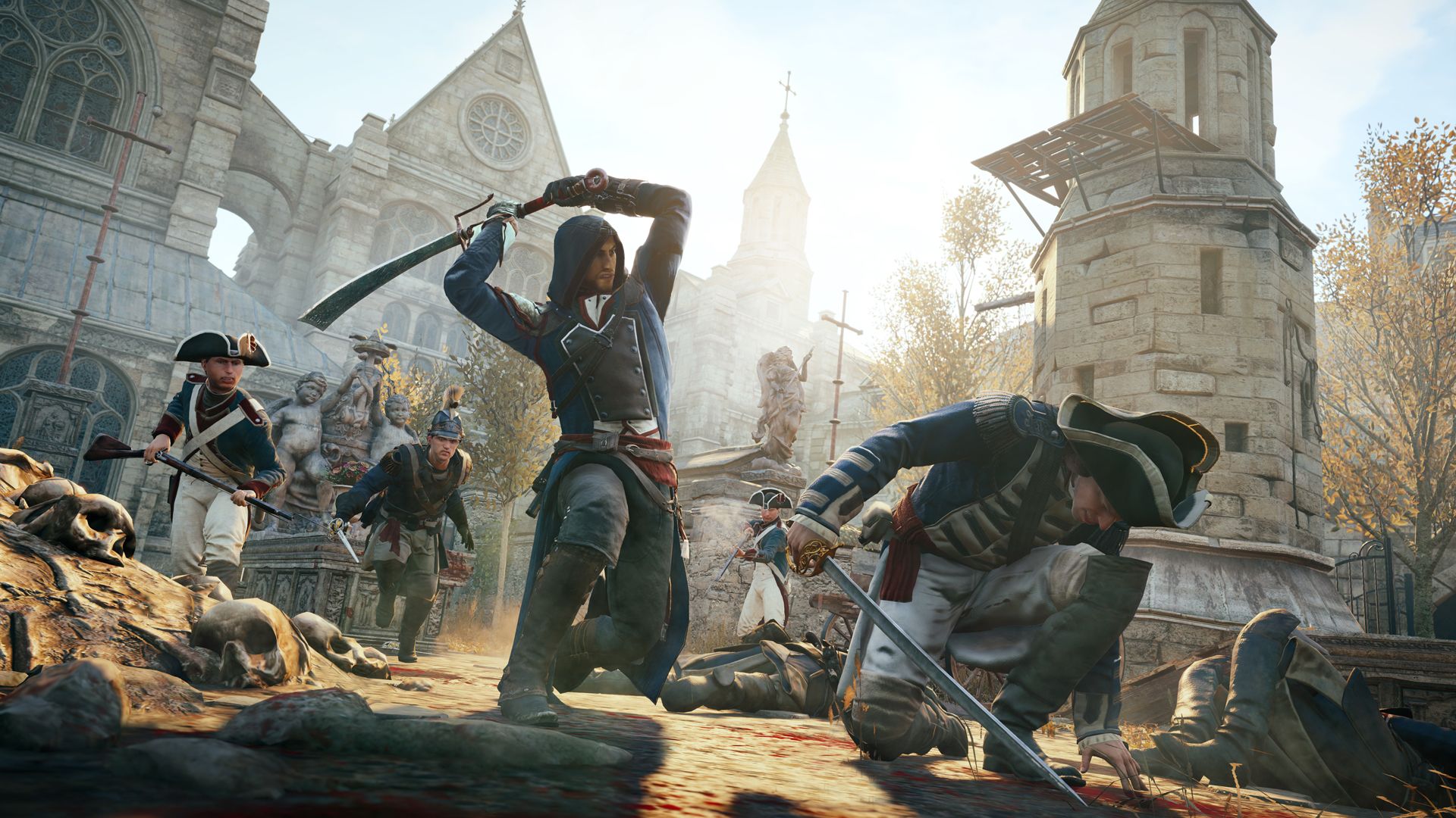 Swinging a sword in Assassin's Creed Unity.