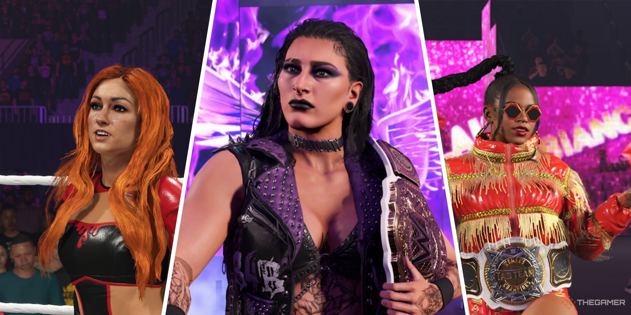 WWE 2K25 featured image containing screenshots of Becky Lynch, Rhea Ripley, and Bianca Belair.