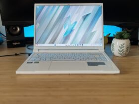 Acer Nitro V 14 gaming laptop on a wooden desk