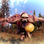 Fallout 76 screenshot showing an irradiated mutant man-like creature screeching, its sharp canine teeth showing