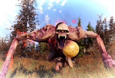 Fallout 76 screenshot showing an irradiated mutant man-like creature screeching, its sharp canine teeth showing