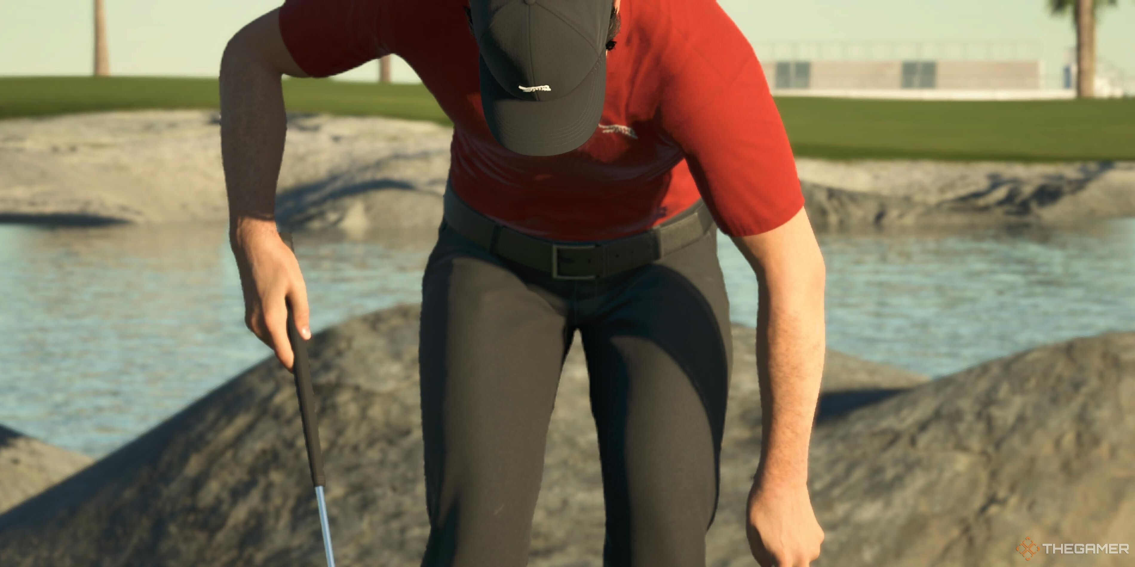 A golfer bending over in PGA Tour 2K25.