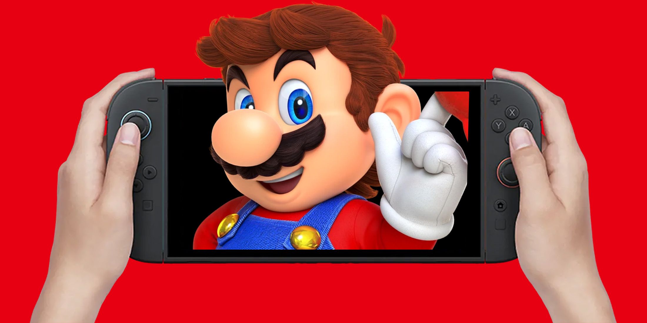 Mario spinning Cappy while emerging from hand-held Nintendo Switch 2 2x1 composite red background