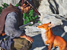 Ghost of Tsushima screenshot of Jin interacting with a fox