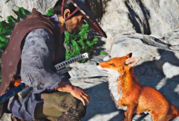 Ghost of Tsushima screenshot of Jin interacting with a fox