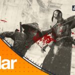 Naoe kills a target with a black and white filter over the camera highlighting the red of blood spray in Assassin's Creed Shadows, with an On The Radar orange frame
