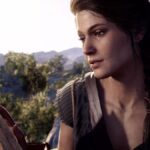 Assassin's Creed Odyssey screenshot of Kassandra admiring a blade