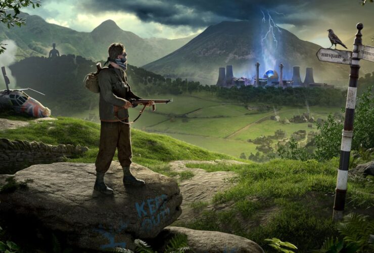 Key art for Atomfall showing a character in the English countryside looking at a nuclear plant some distance away