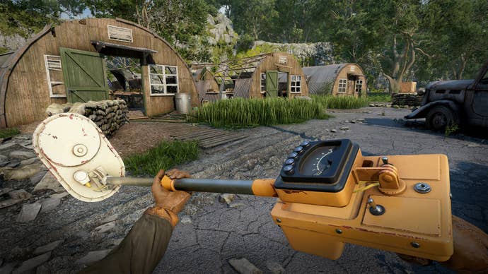 The player wielding a metal dector in Atomfall.