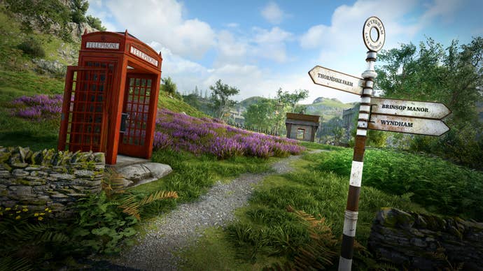 A sign post next to a red phone box in Atomfall.