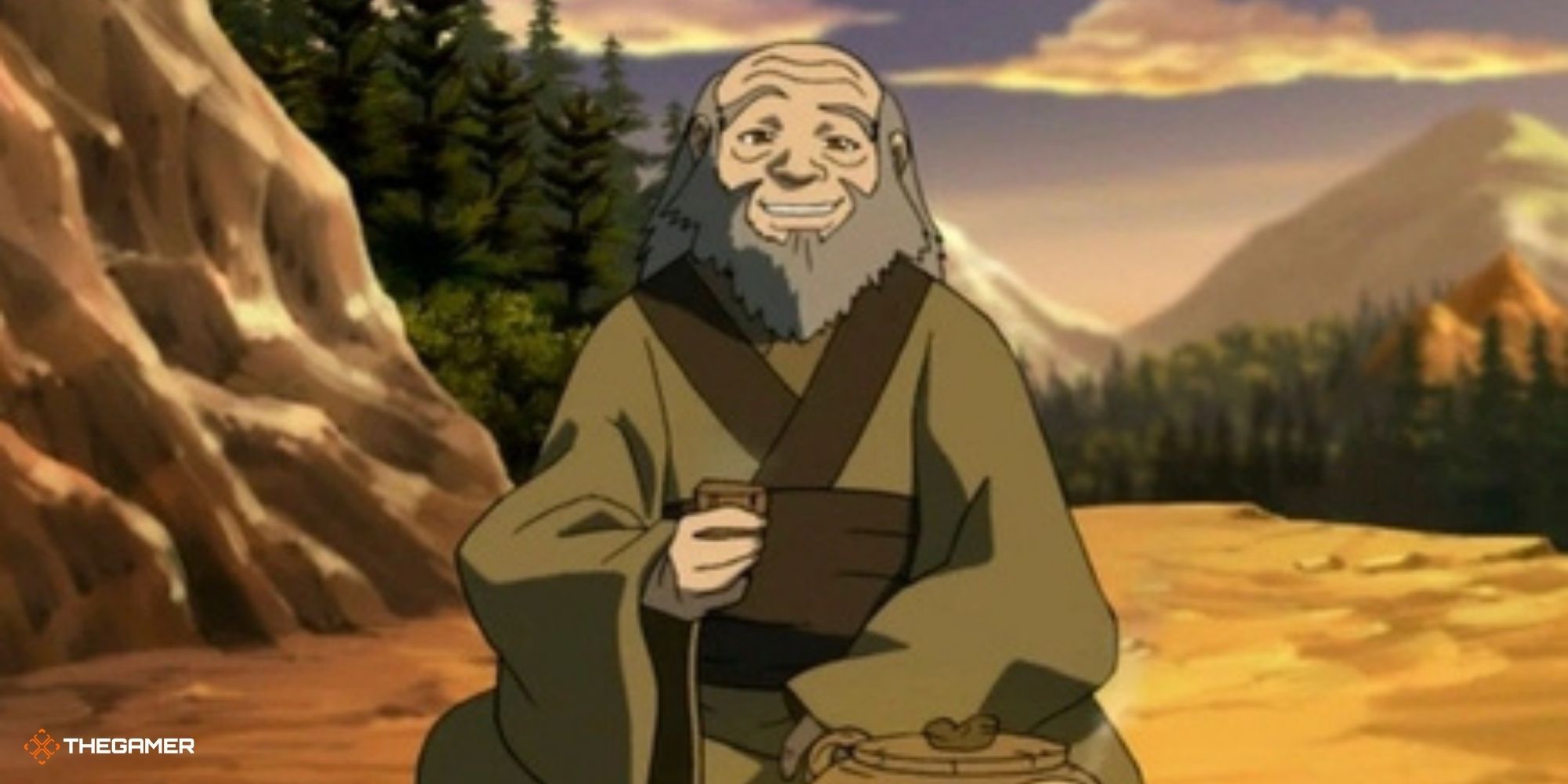 Iroh smiles as he holds his teacup.