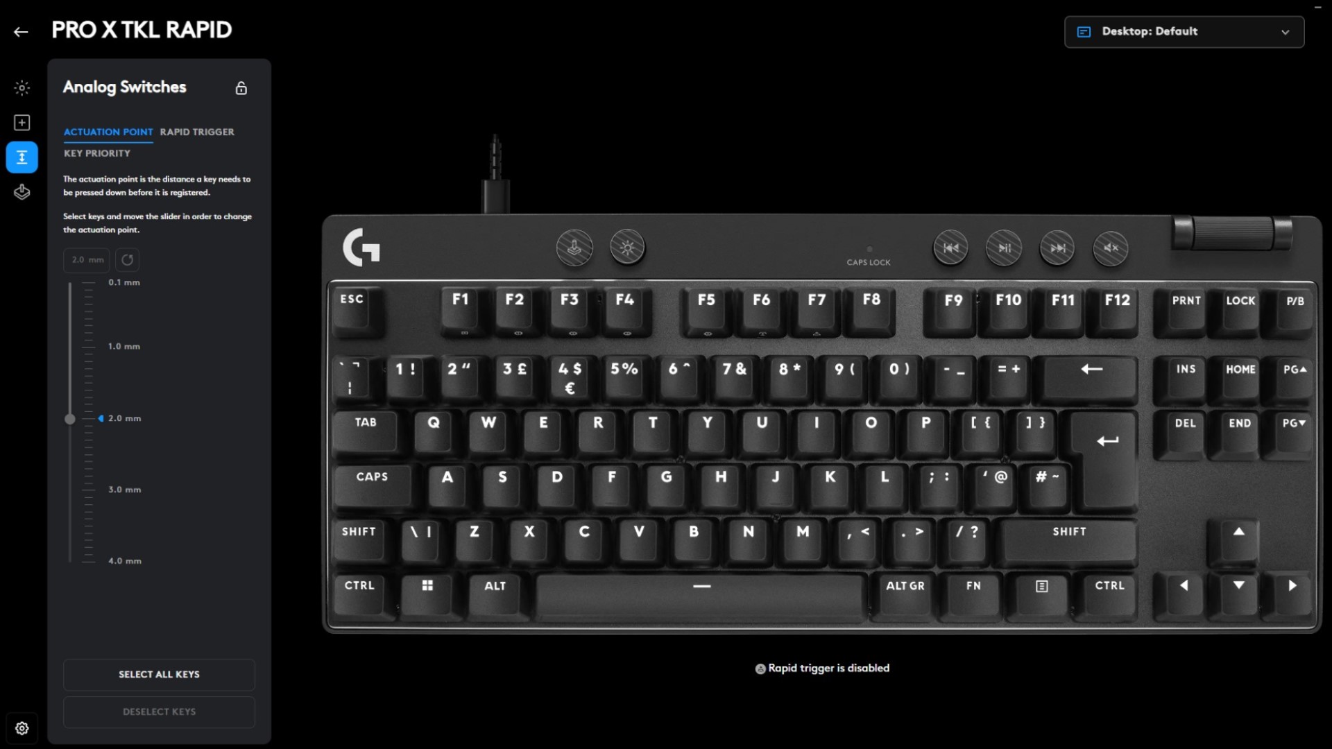 Screenshot of Logitech G Hub software being used to set customized actuation points on Logitech G Pro X TKL Rapid keyboard