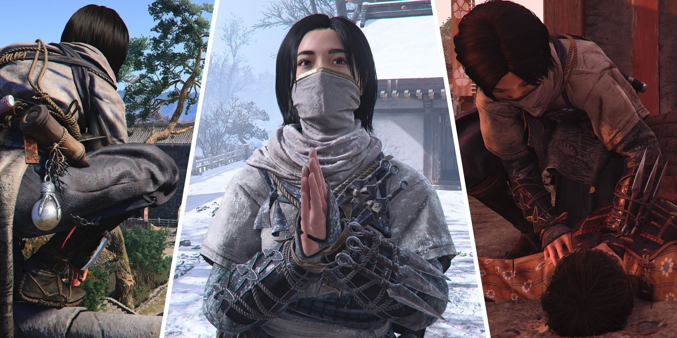 Naoe exploring, praying, and assassinating, in Assassin's Creed Shadows.