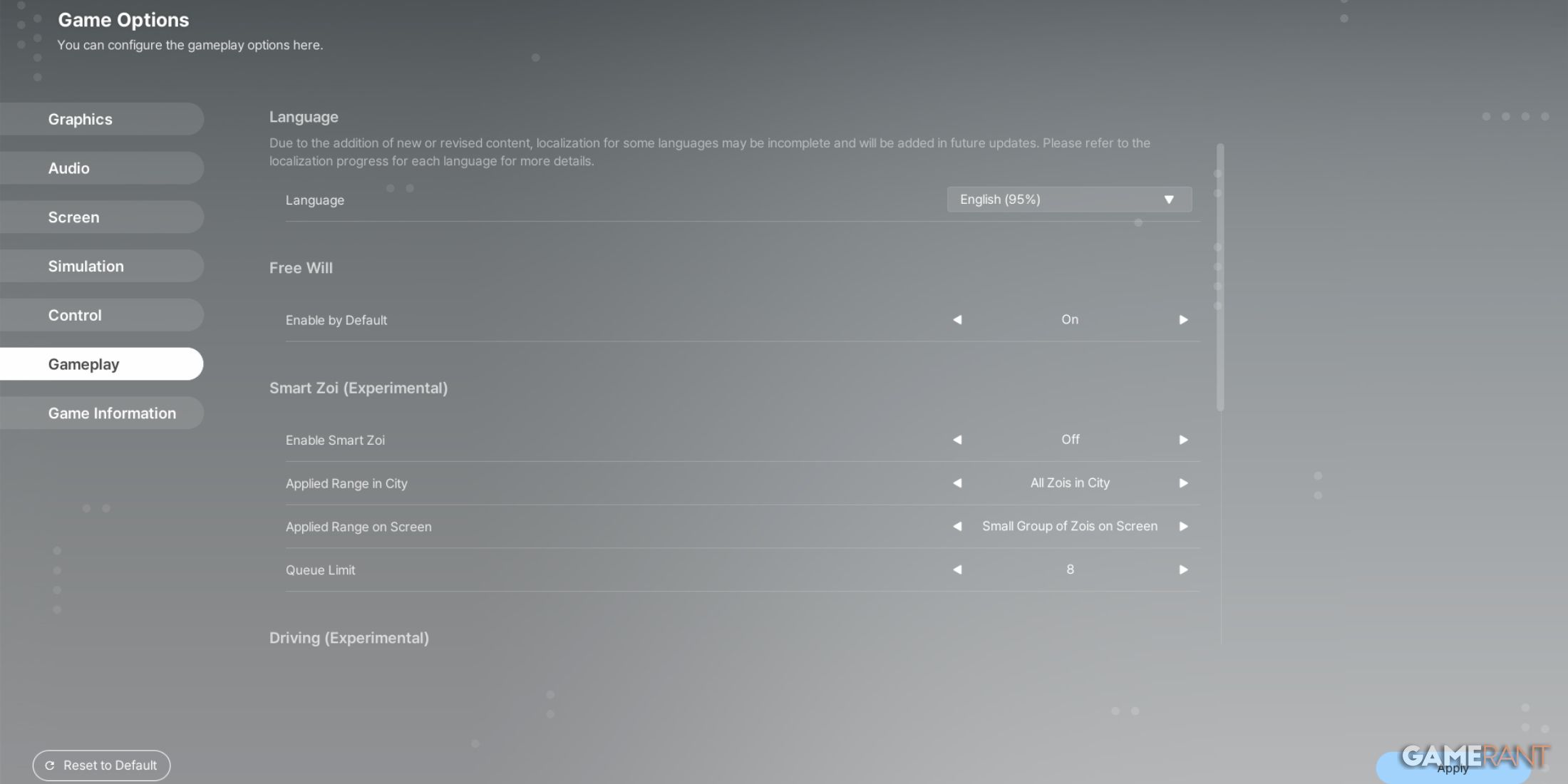 inZOI’s gameplay settings panel showing Free Will enabled, allowing Zois autonomy to handle their daily needs and actions