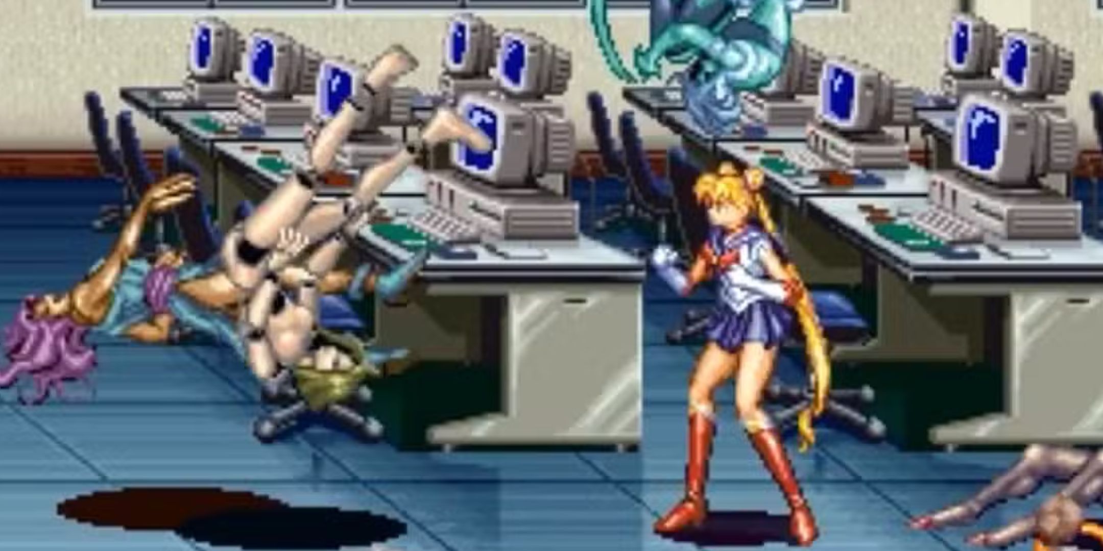 Sailor Moon throwing three demon soldiers in a computer lab in Pretty Soldier Sailor Moon