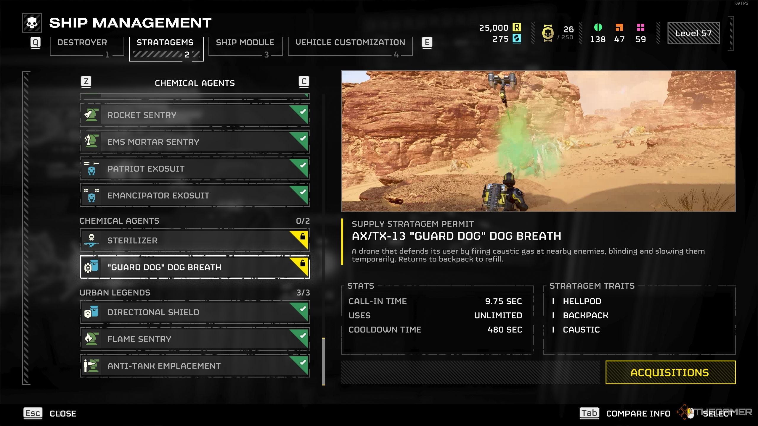 The Ship Management screen for the Dog Breath backpack stratagem in Helldivers 2.