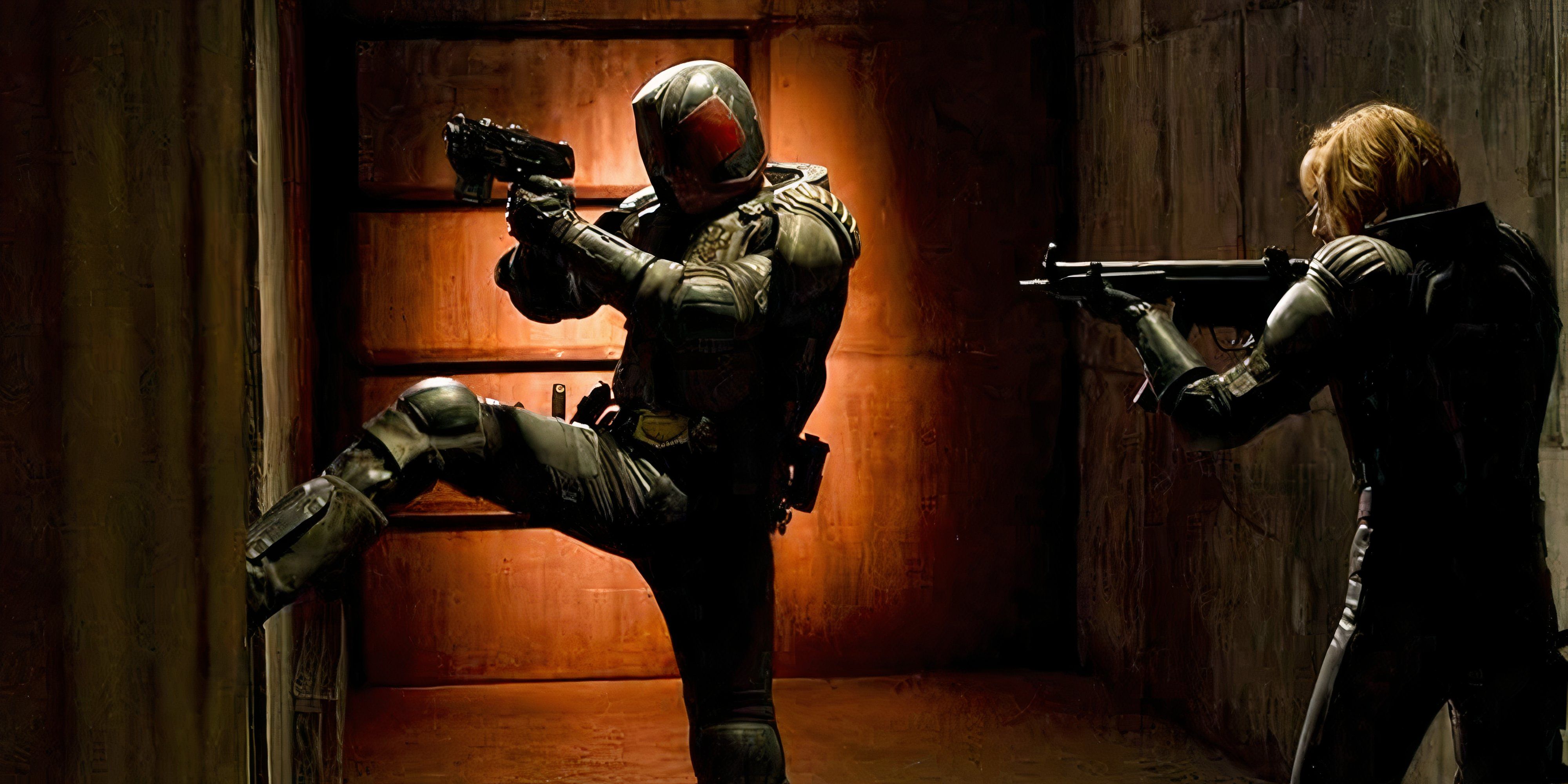 10 Greatest Dystopian Movies of All Time Judge Dredd kicks a door open wiht Judge Anderson ready with a gun