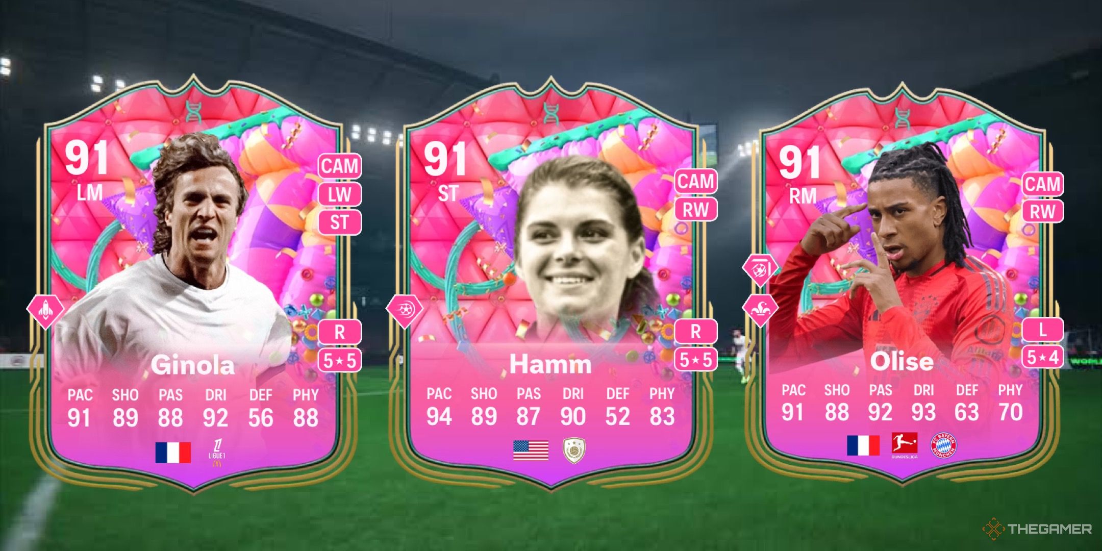 Image showing Ginola, Hamm, and Olise card against a faded pitch background.