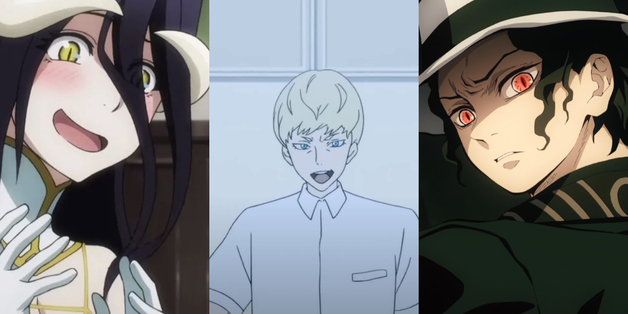 Collage image featuring Albedo from Overlord, Ryo Asuka Satan from Devilman Crybaby, and Muzan Kibutsuji from Demon Slayer